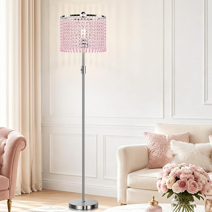 【Upgraded】 Dimmable Crystal Floor Lamps for Living Room with Chandelier Lampshade, Standing Lamp with Knob Switch, Tall Pink Floor Lamp for Girl Bedroom, Dresser, Office