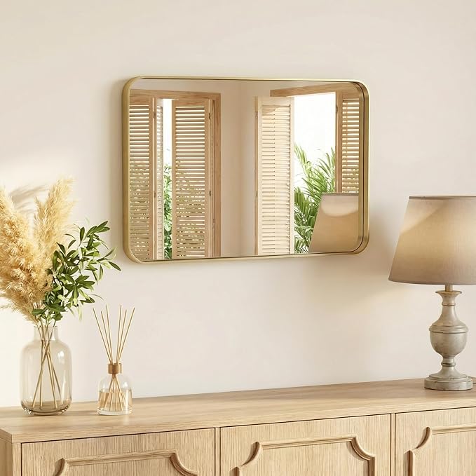 Sweetcrispy Bathroom Wall Mirror, 32x24 Inch Mirror for Over Sink, Gold | Modern Wall Mount Vanity Mirror, Rounded Rectangle with Matte Brush Metal Framed, for Home Decor, Living Room, Bedroom