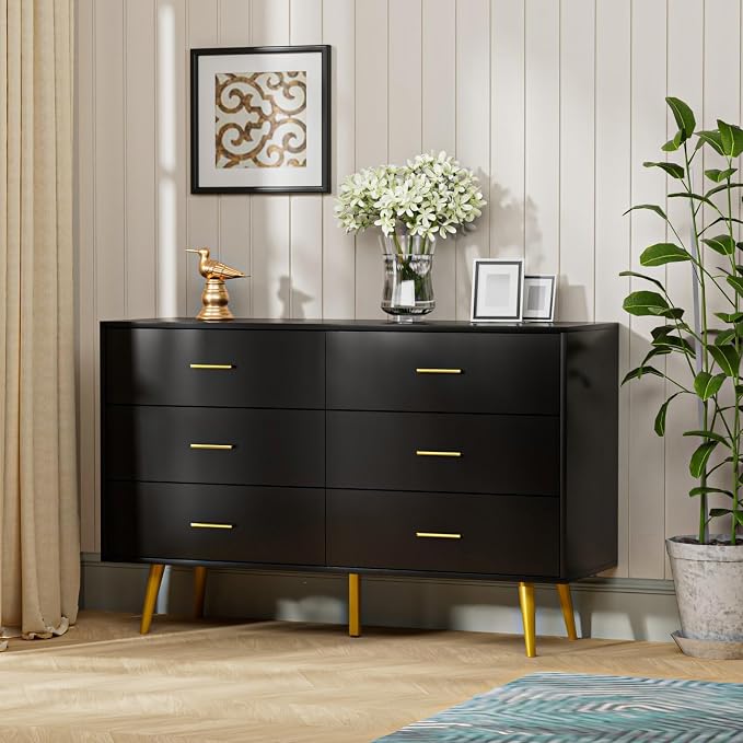 Black 6 Drawer Dresser for Bedroom, 47" Wood Dresser with Gold Handles. | Modern Dressers & Chests of Drawers for Living Room, Hallway, Entryway.