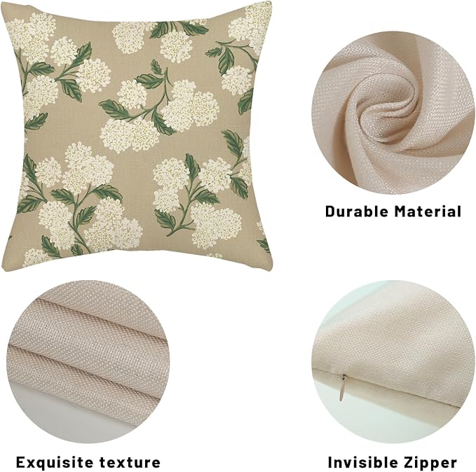 Beige Spring Pillow Covers 22x22 Inch 2 Pcs Khaki Green Hydrangea Flower Decor Throw Pillows Vintage Floral Seasonal Summer Outdoor Decoration Pillowcase Linen Cushion Cover for Couch Sofa