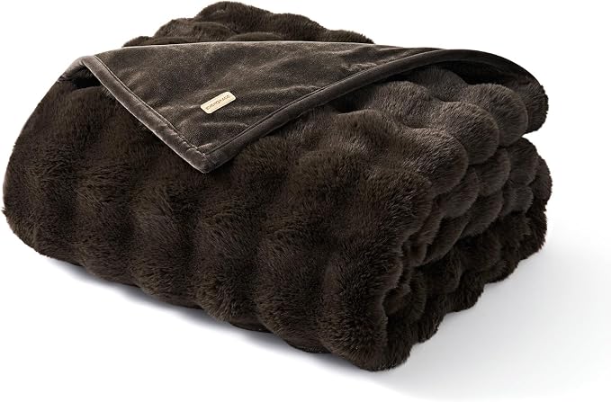 Faux Rabbit Fur Bubble Throw Blanket, 60"x80", Dark Brown | Ultra Soft, Luxury Faux Rabbit Fur Throw, Thick Warm Bubble Blanket, Cozy Fluffy Reversible, for Bed, Couch, Chair, Sofa