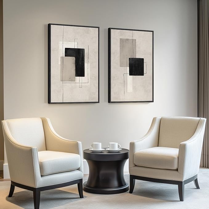 Large Framed Neutral Abstract Wall Art for Living Room Set of 2, 24x36 In | Block lines, Canvas prints, Modern paintings, Minimalist pictures, Black beige, Geometric, Dining room, Bedroom wall decor