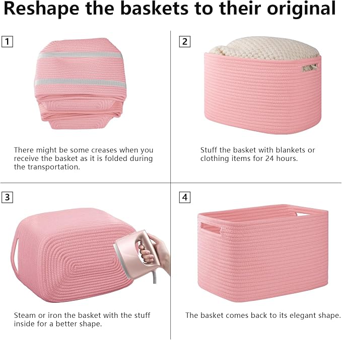 OIAHOMY 4 Pack Storage Baskets for Organizing 15L Cube Storage Bins Pink | Woven Baskets for Storage Rectangle Small Baskets With Handles Baskets for Shelves Wicker Baskets for Shelves 12.7x9x7.8inch