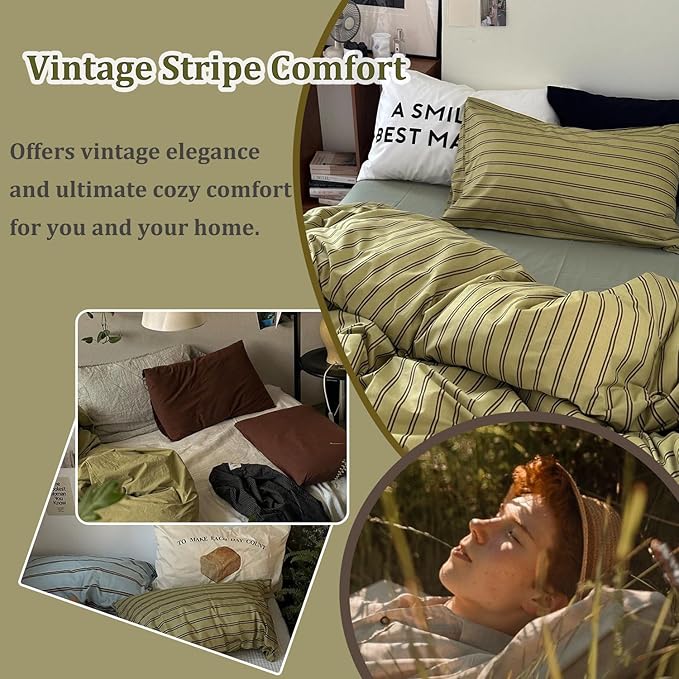 mixinni Vintage Stripes Duvet Cover Set Twin - 3-Piece Mid-Century Cotton Olive & Taupe Striped Bedding, Soft Breathable All-Season Comforter Cover with Zipper Closure & Corner Ties-Twin Size