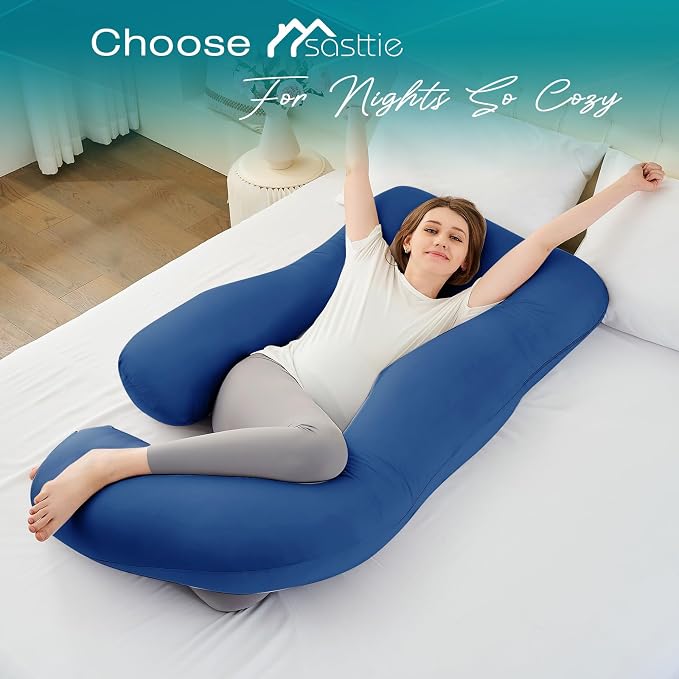 Sasttie Cooling Pregnancy Pillows for Sleeping, 65'' Full Body Pillow, Navy | Sasttie Maternity Pillow, OEKO-TEX, Down Alternative, Removable Cover, Pregnant Women Must Haves, Maternity Essential