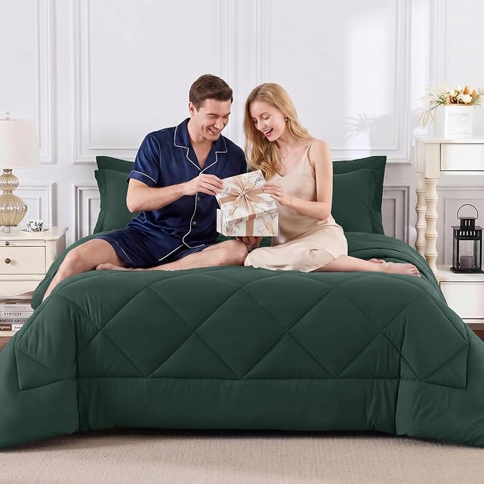 King Size Comforter Set Forest Green - 7 Pieces Bed in a Bag | OEKO-TEX Certified, All Season, 240GSM Down-Alternative Comforter, Sheets, Pillowcases & Shams, 14" Deep Pocket, Easy Care
