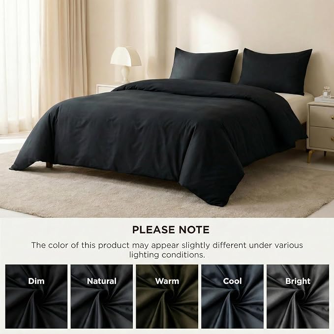 HeimenAogo Egyptian Cotton Duvet Cover Queen Size Sateen Weave, Silky Soft and Breathable Bedding Set with Zipper Closure, Long Staple Cotton Bed Linen Pure Black 3Pcs (90"×90")