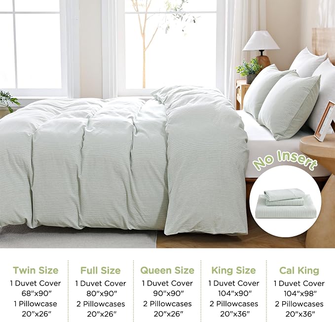 TOCOMOA Sage Green Striped Duvet Cover Set Washed Cotton Like Linen, King | 100% Washed Cotton Linen-Like Feel Soft, Breathable & Comfy. Pinstriped Bedding Set with Zipper & 8 Ties. 3 Pcs, No Insert