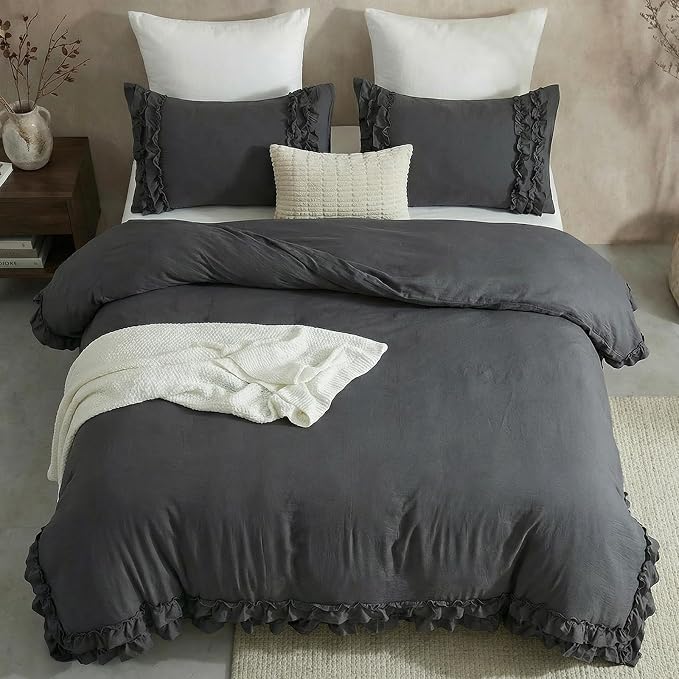 Dark Grey Ruffled Duvet Cover Queen Boho Bedding Set Gary Ruffle Fringe Shabby Chic Bedding Super Soft Cozy Farmhouse Duvet Cover Set for All Season