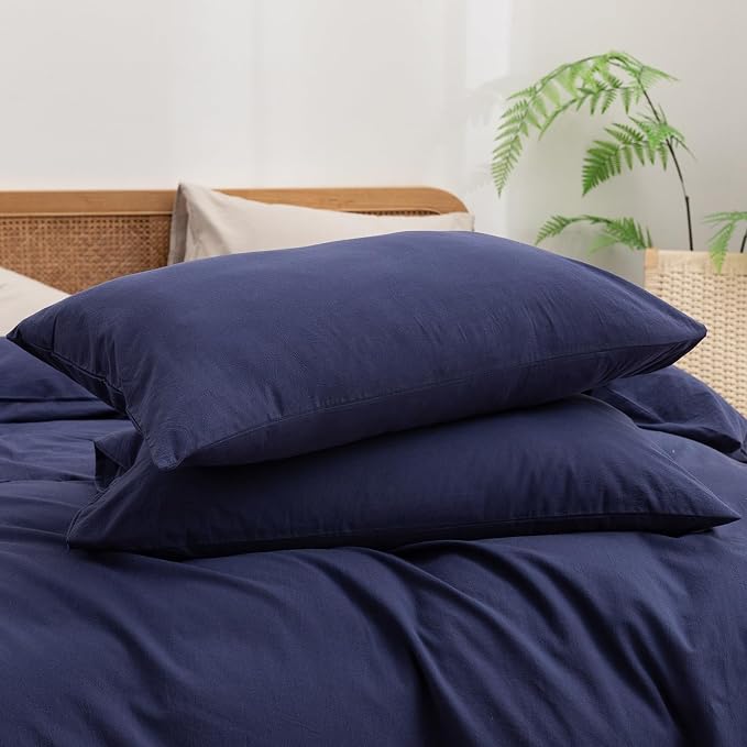 BESTOUCH Cotton Solid Duvet Cover Set Linen Feel Navy Blue Full | 100% Washed Cotton, Soft Wrinkle Texture, Hidden Zipper, 8 Ties, Breathable Lightweight Durable Comfy, 3 Pcs No Insert