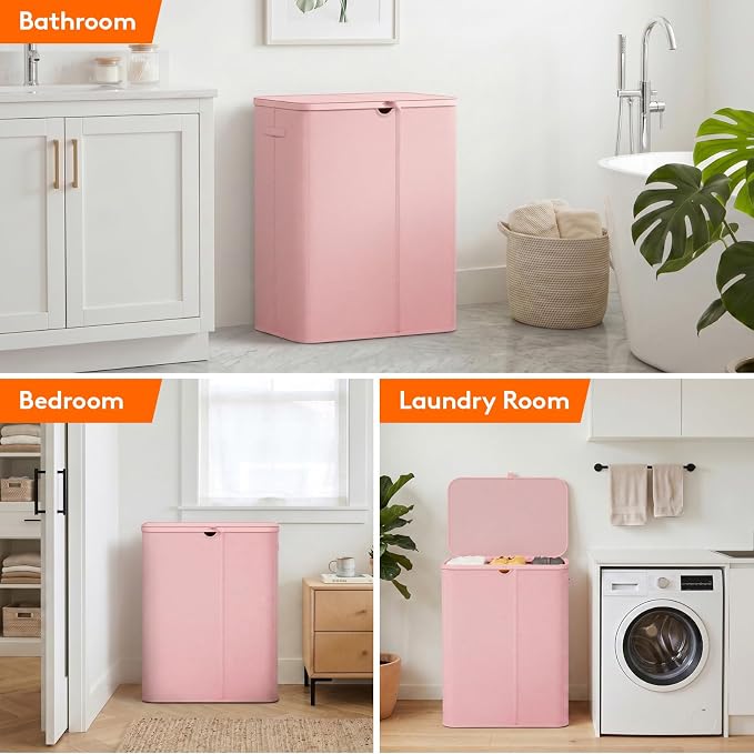 Lifewit 185L 3 Section Laundry Hamper with Lid, Laundry Basket, Pink | Large Foldable Laundry Sorter with 3 Removable Bags, Tall Clothes Hamper for Bedroom and Bathroom