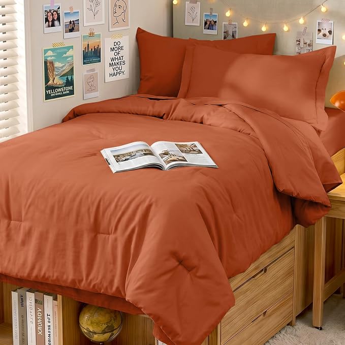 5 Pieces Twin XL Comforter Set, Soft Bed in a Bag Twin XL Size, All Season Bedding Set with Comforter, Flat Sheet, Fitted Sheet, Pillowcases & Shams, Burnt Orange