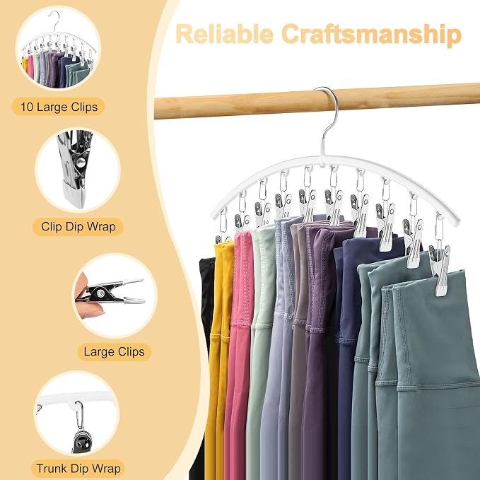 Legging Organizer for Closet, Metal Yoga Pants Hanger w/Rubber Coated 2 Pack w/10 Clips Hold 20 Leggings, Hangers Space Saving Hanging Closet Organizer for Closet Organizers and Storage-White