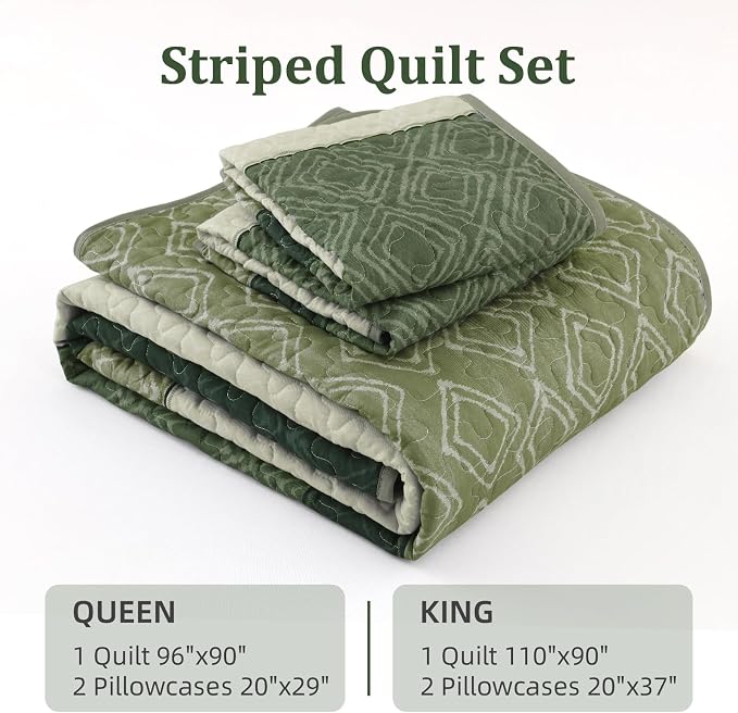 Cottolester Sage Green Quilt Set King,3 Pcs Summer Striped Bedspread Set | Lightweight Summer Fresh Green Patchwork Coverlets Set with 2 Pillowshams,Soft Microfiber Quilt Bedding Sets 110"x96"
