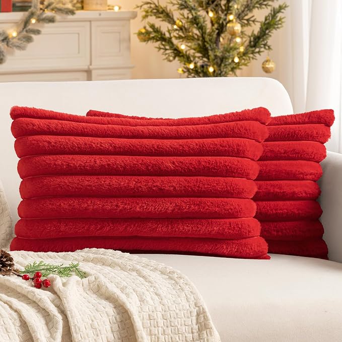 MIULEE Faux Fur Decorative Throw Pillow Covers 12x20 Set of 2 Red | Modern Soft Plush Couch Pillows, Cozy Fluffy Cushion Covers for Sofa Bed Living Room Home Decor