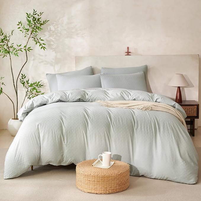 Queen Size Comforter Set Polka Dot Luxury Washed Microfiber Jacquard 3 Pieces Bedding, Sage Green Polka Dot Vertical Ticking Stripes Pattern Comforter with 2 Pillowcases Soft Breathable Durable Comfy