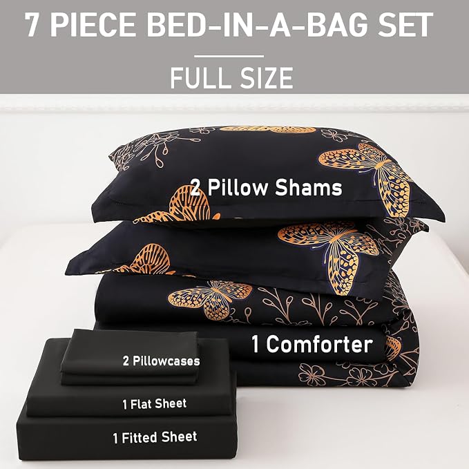 Yogeneg 7 Piece Bed in a Bag Full Size Comforter Set Black Bedding Set,Gold Butterfly Leaves Printed on Black Reversible Design,Soft Microfiber Comforter with Sheet Set,All Season(Butterfly,Full)