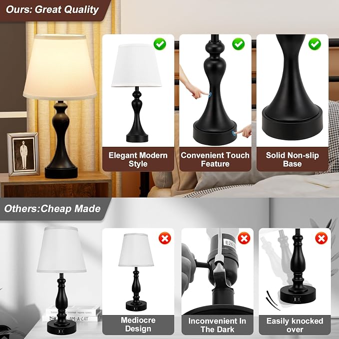 Touch Lamps for Nightstand, 3 Way Dimmable Bedside Lamps with USB C+A Ports | Touch Control, LED Bulb Included, Small Black Table Lamp for Bedroom, Night Stands, End Table, Gift,Corded,White Shade