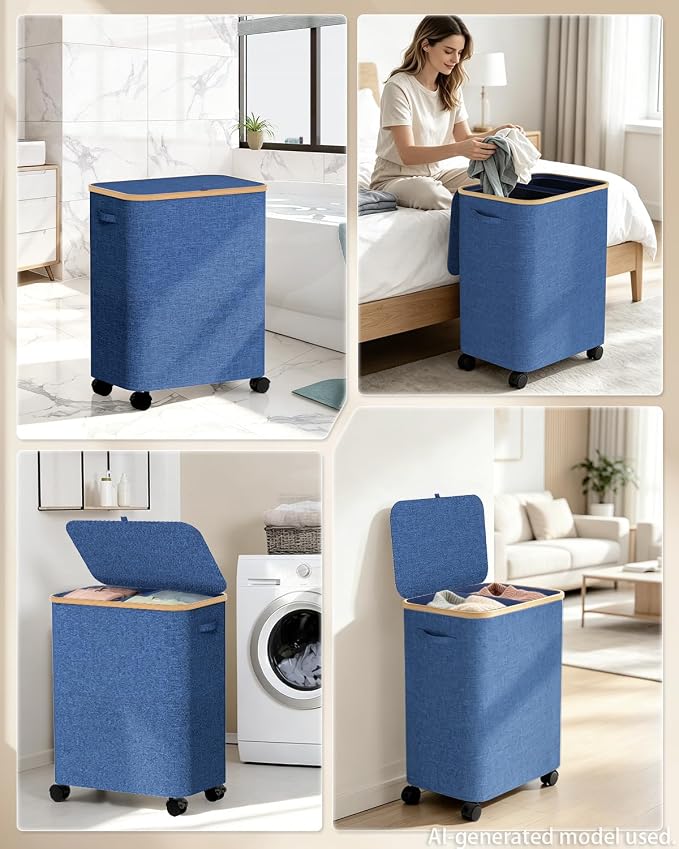 Double Laundry Basket with Wheels and Lid, 150L Clothes Hampers for Laundry | Large Laundry Hamper with 2 Sections & Removable Liner Bags, Rolling Dirty Clothes Basket for Bedroom Bathroom Dorm College