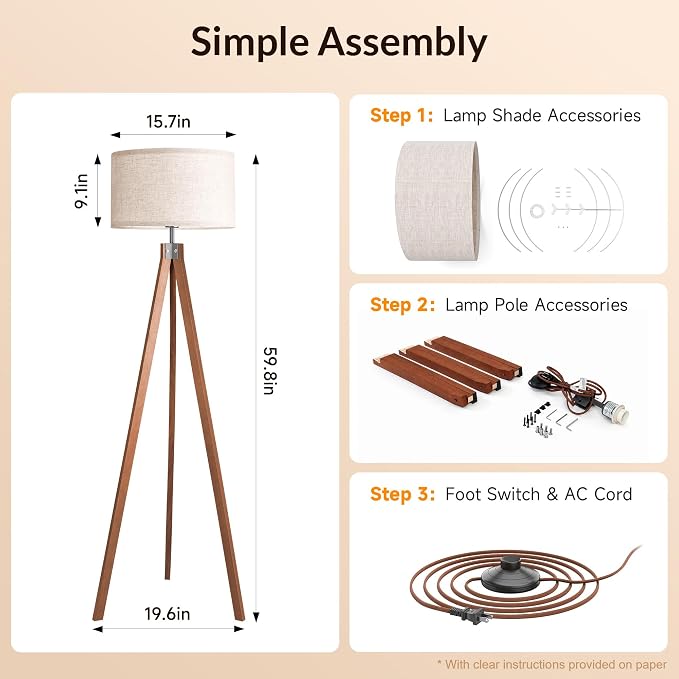 LEPOWER Tripod Floor Lamp Mid Century Modern Standing Lamps for Living Room | Light-Diffusing Linen Shade, Premium Rubberwood Tripod with E26 Base, Adding Warmth to Bedroom, Office & Study Corner Brown