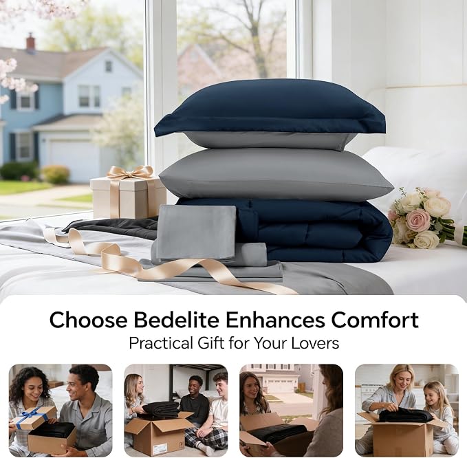 BEDELITE Twin XL Comforter Set 5 Pieces, Reversible Calm Blue Bed in A Bag | Soft All Season Down-Alternative Comforter, Sheets, Pillowcases & Shams, OEKO-TEX Certified Bedding for Drom Room, College