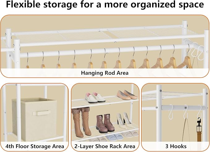 HOMIDEC Wardrobe Closet,Portable Clothes Rack with 4 Tiers Shelves | Freestanding Closet Organizers and Storage System with Hanging Rod,Steel Clothing Rack Suitable for Cloakrooms,Bedrooms.White