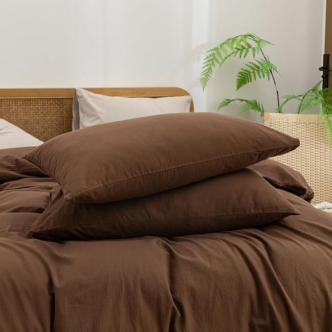 BESTOUCH Cotton Solid Duvet Cover Set Linen Feel Cocoa Brown Full | 100% Washed Cotton, Soft Wrinkle Texture, Hidden Zipper, 8 Ties, Breathable Lightweight Durable Comfy, 3 Pcs No Insert