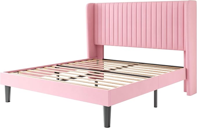 SHA CERLIN Queen Size Velvet Bed Frame, Tufted Wingback Headboard, Pink | 47'' Modern Vertical Channel Headboard, Upholstered Platform Bed, Wood Slats, No Box Spring Needed, Easy Assembly, Noise Free