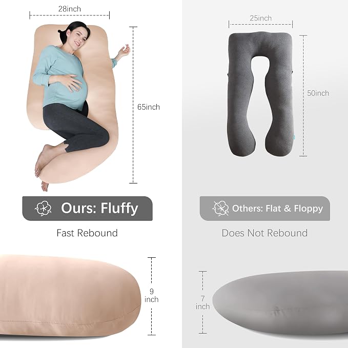 MOON PARK Pregnancy Pillows for Sleeping - U Shaped Full Body Maternity Pillow with Removable Cover - Support for Back, Legs, Belly, HIPS - 65 Inch - Brown - Cooling Cover