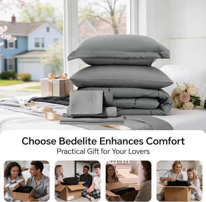 BEDELITE King Comforter Set 7 Pieces, Solid Dark Grey Bed in A Bag | Soft All Season Down-Alternative Comforter, Sheets, Pillowcases & Shams, OEKO-TEX Certified Bedding for Bedrrom, Guest Room