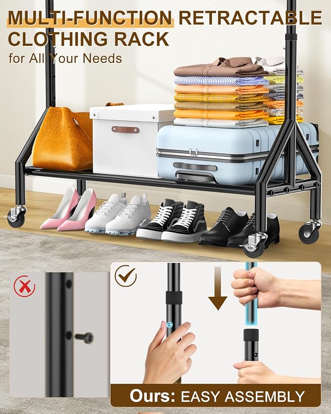 Heavy Duty Clothes Rack Load 520LBS, Adjustable Rolling Clothing Rack with Sturdy Wheel, Metal Industrial Closet Garment Racks for Hanging Clothes Coat, Portable for Bedroom, Laundry Living Room
