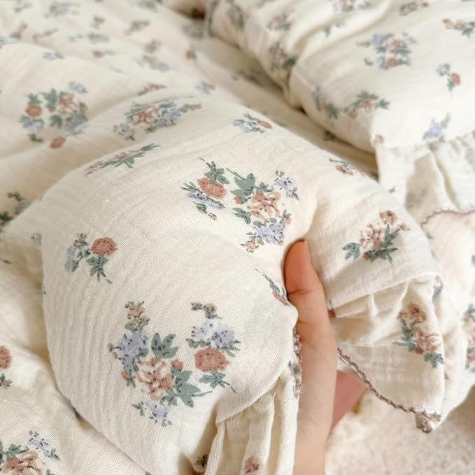 Muslin Floral Duvet Cover for Toddler Girls, Chic Shabby Aesthetic Kids Duvet Covers with Ruffles, All Seasons Gauze Cotton Toddler Bed Comforter Cover with Zipper, 47"x59", No Pillowcases