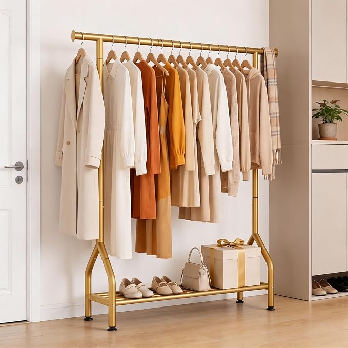 Sturdy Clothing Racks with Shelf, Metal Clothes Rack with Leveling Feet for Hanging Clothes, Freestanding Garment Coat Rack for Bedroom, Apartment & Small Spaces, Gold
