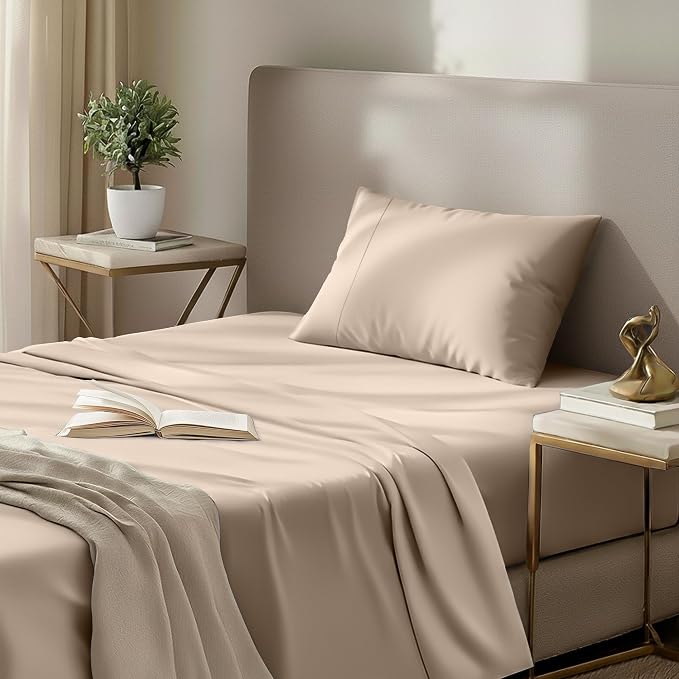 Twin Sheets Set, 3 Pieces 16" Deep Pocket Hotel Luxury Bed Sheets, Beige | Extra Soft Bedsheet Set, Comfy & Breathable Cooling Sheets, Wrinkle & Fade Resistant, Fitted Sheet, Flat Sheet, 1 Pillowcase