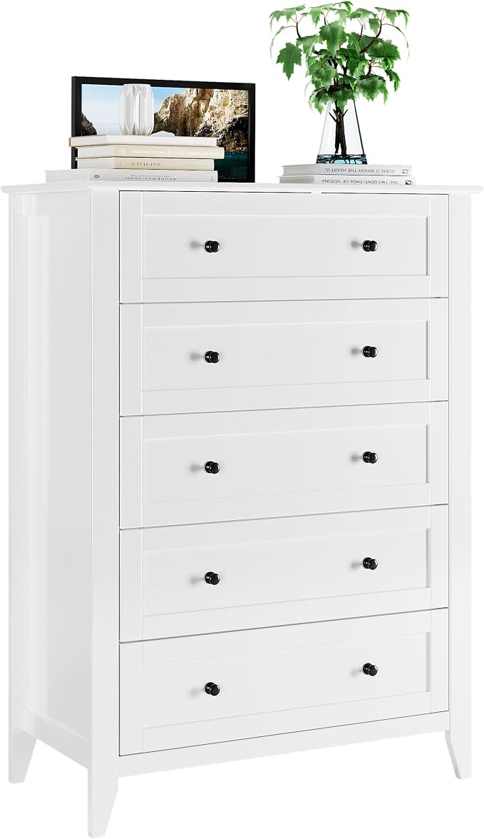 Garvee 5 Drawer Dresser for Bedroom, Modern Tall Chest of Drawers with Metal Knobs, Wooden Clothes Storage Organizer for Closet, Nursery, Living Room, Apartment, White | Lacquered Finish, Metal Knobs, Clothes Storage Organizer for Closet, Nursery, Livi...