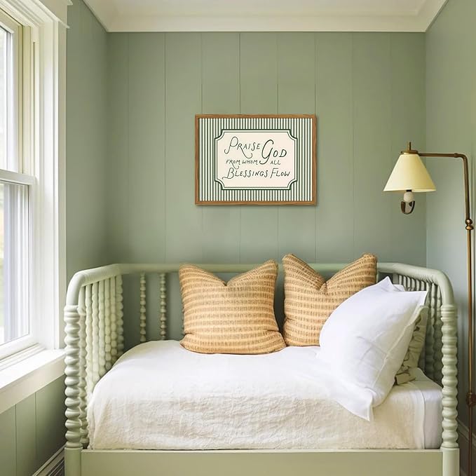 Framed Christian Scripture Wall Art, Bible Verse Pictures Wall Decor, Sage Green Striped Praise God From Whom All Blessings Flow Paintings Canvas Prints Religious Home Decor for Living Room 16x24 inch