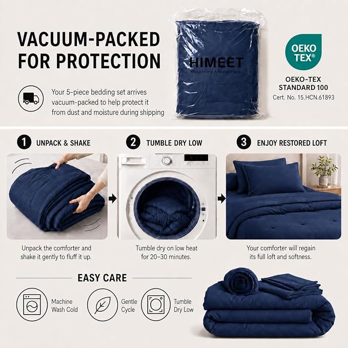 HIMEET Twin Comforter Sets, 5-Piece Point-Quilted Bed in a Bag, Navy Blue | OEKO-TEX Certified, Lightweight 240 GSM Comforter, Flat Sheet, 14-Inch Deep-Pocket Fitted Sheet, Pillowcase & Sham