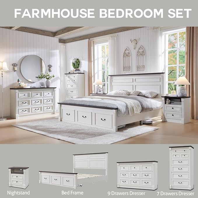 Aitjunz 26" Tall 2 Drawers Dresser for Bedroom, End Table, Antique White | Farmhouse 23.6" Wide Large Nightstand with Charging Station, Wood Rustic Side Tablew/Roman Column for Bedroom, Living Room