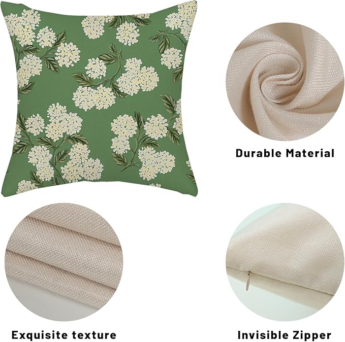 Sage Green Spring Pillow Covers 18x18 Inch 2 Pcs Yellow Hydrangea Flower Decor Throw Pillows Vintage Floral Seasonal Summer Outdoor Decoration Pillowcase Linen Cushion Cover for Couch Sofa