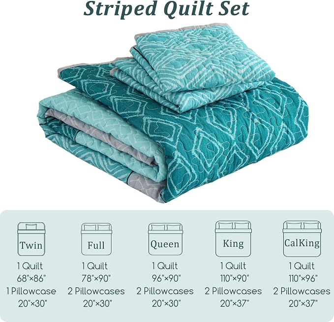 Cottolester Teal Quilt Set Full Size,3 Pieces Boho Striped Plaid Bedspread | Soft Microfiber Quilt for Teens Boys Adults,Ultra Soft Summer Lightweight Coverlets Set 78"x90"