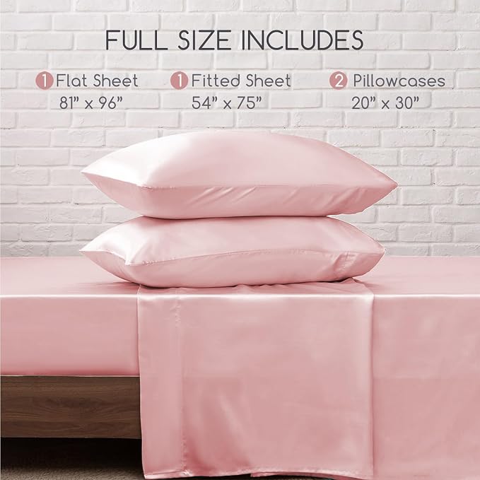 MR&HM Satin Sheets Full Size with Elastic Corner Straps, Light Pink | Similar to Silk, 4-Piece Silky Soft Bed Sheet Set, Gentle on Skin and Hair, 15" Deep Pocket, Cooling & Breathable
