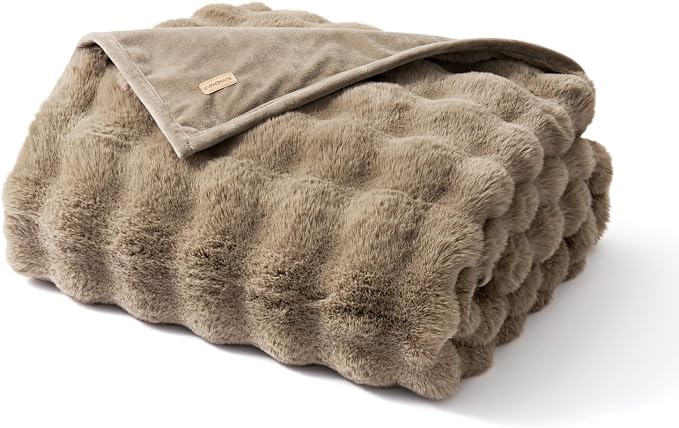 EverGrace Faux Rabbit Fur Bubble Throw Blanket, 50"x60", Greige | Ultra Soft, Luxury Faux Rabbit Fur Throw, Thick Warm Bubble Blanket, Cozy Fluffy Reversible, for Bed, Couch, Chair, Sofa