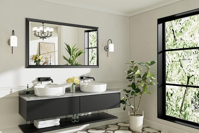 Black Metal Framed Bathroom Wall Mirror, 55x32 Inch | Anti-rust, HD tempered glass, for bathroom vanity, bedroom, living room, horizontal or vertical mount