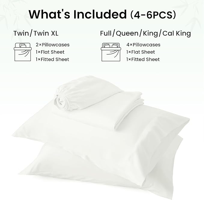 Love's cabin 6 Piece Queen Sheet Set, 100% Rayon Derived from Bamboo, Cooling & Breathable, Soft Silky Deep Pocket up to 16", Hotel Luxury Bedding for Hot Sleepers, White