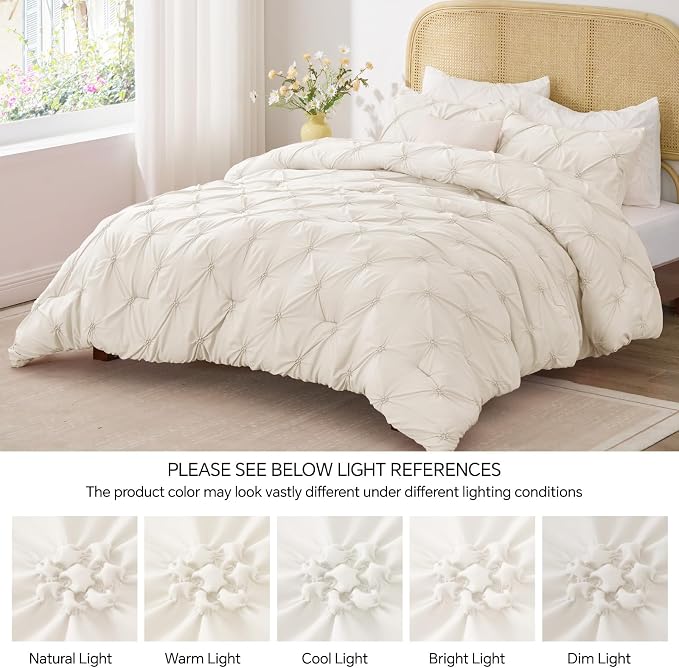 BEDELITE Queen Comforter Set Cream White,Lightweight & Soft Comforter | Pintuck Boho Bedding, Warm & Cute Bed Set for All Season,With 2 Pillowcases