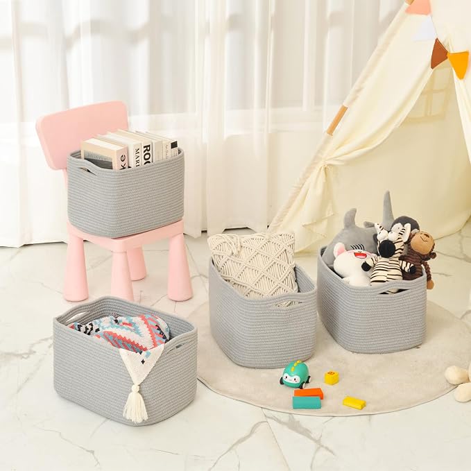 ICERZCZ Storage Baskets for Organizing & Shelves, Woven Cotton Rope Organization Bins for Dog Toys, Clothes, Books, Nursery Organizer, 15"Lx11"Wx9.5"H, (4 Packs) Grey