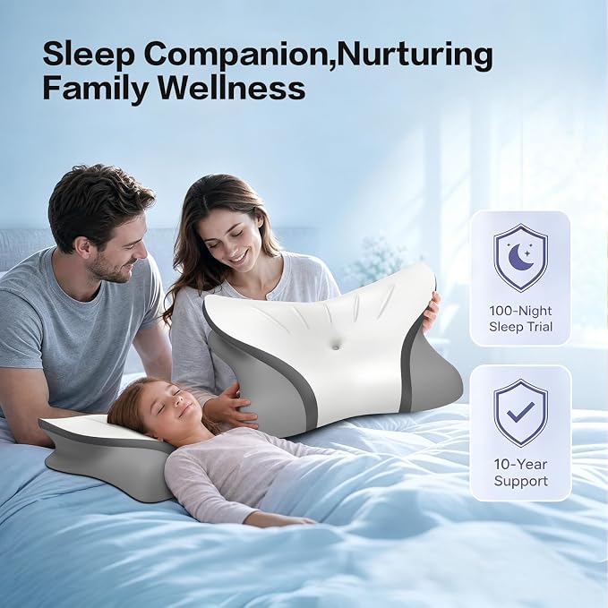 Pain Relief Cervical Neck Pillow, Ergonomic Contour | Q-Max Cooling | Non-Temperature Memory Foam | Side/Back/Stomach Sleeper Support for Sleeping, Reading, Scrolling,(White & Dark Grey)