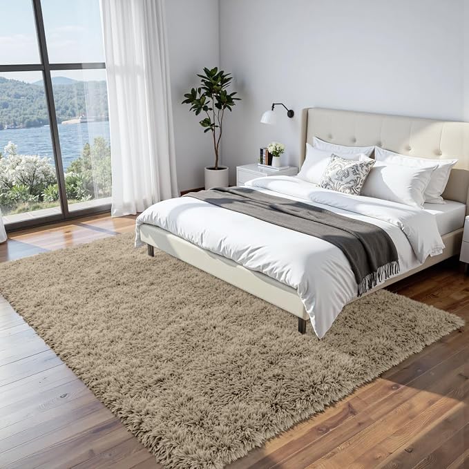 8x10 Fluffy Shag Area Rugs for Living Room Bedroom: Soft Carpet Gray Camel | Upgraded Non-Slip Thick Memory Foam, Ultra Soft, Non-Shedding Fuzzy Carpet, Easy Clean Decor for Kids Room, Nursery, Playroom