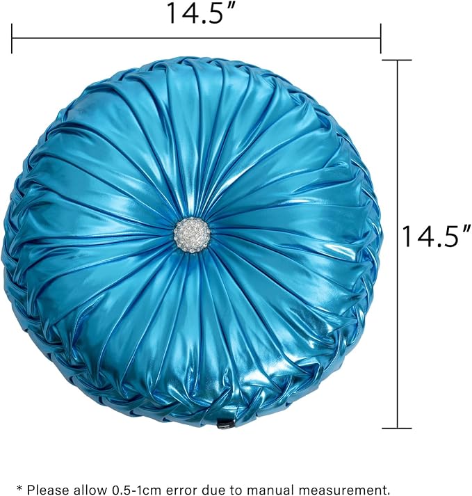 HIG Set of 2 Blue Metallic Leather Decorative Round Pleated Throw Pillows | Vintage Floor Pillows, Classy Accent Pumpkin with Center Button, for Sofa Couch Vanity Chair Bed, 14.5" Diameter
