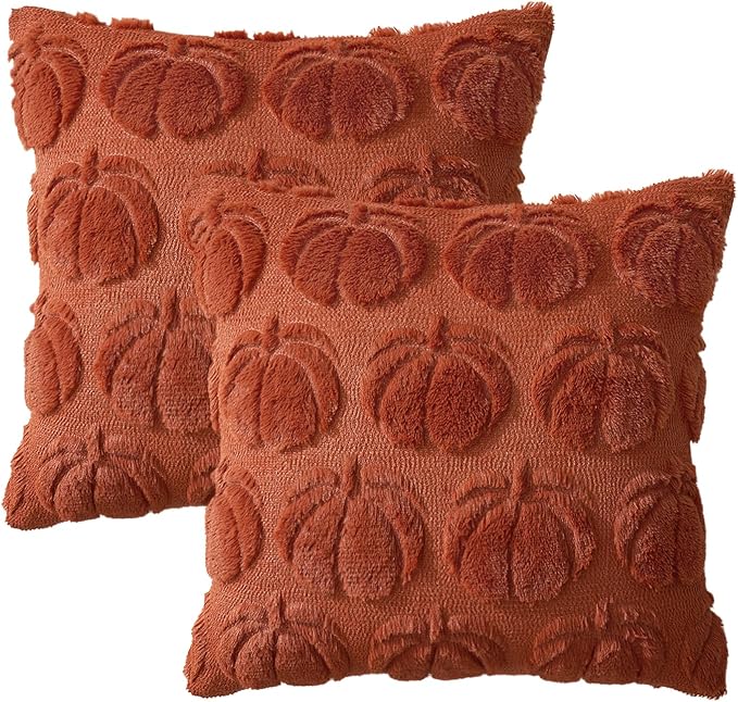 MIULEE Fall Pillow Covers Pumpkin Fall Decor 26x26 Rust | Set of 2 Fall Decorations for Home, Plush Faux Fur Farmhouse Accent Pillowcases, Porch Sofa Couch Cushion Bed Livingroom